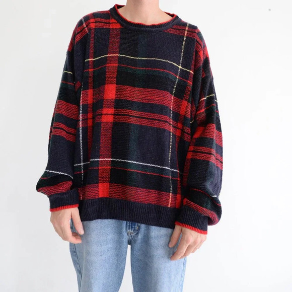 Vintage Croft And Barrow Blue And Red Scottish Tartan Knit Crew Neck Sweater XXL - Picture 1 of 10